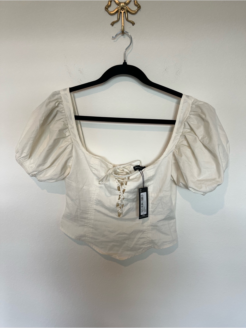 Prettylittlething Ivory Puff Sleeve Lace-Up Crop Top